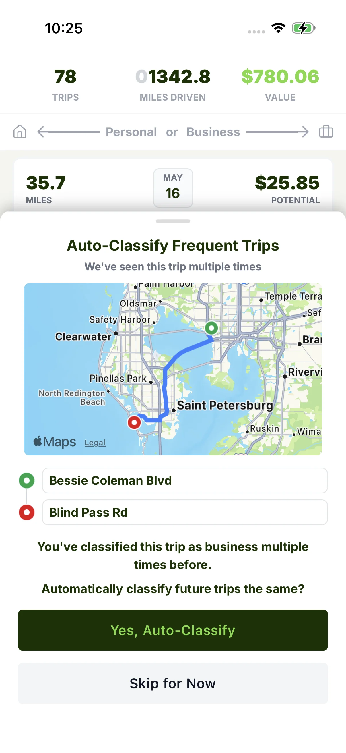 Auto-classify frequent trips