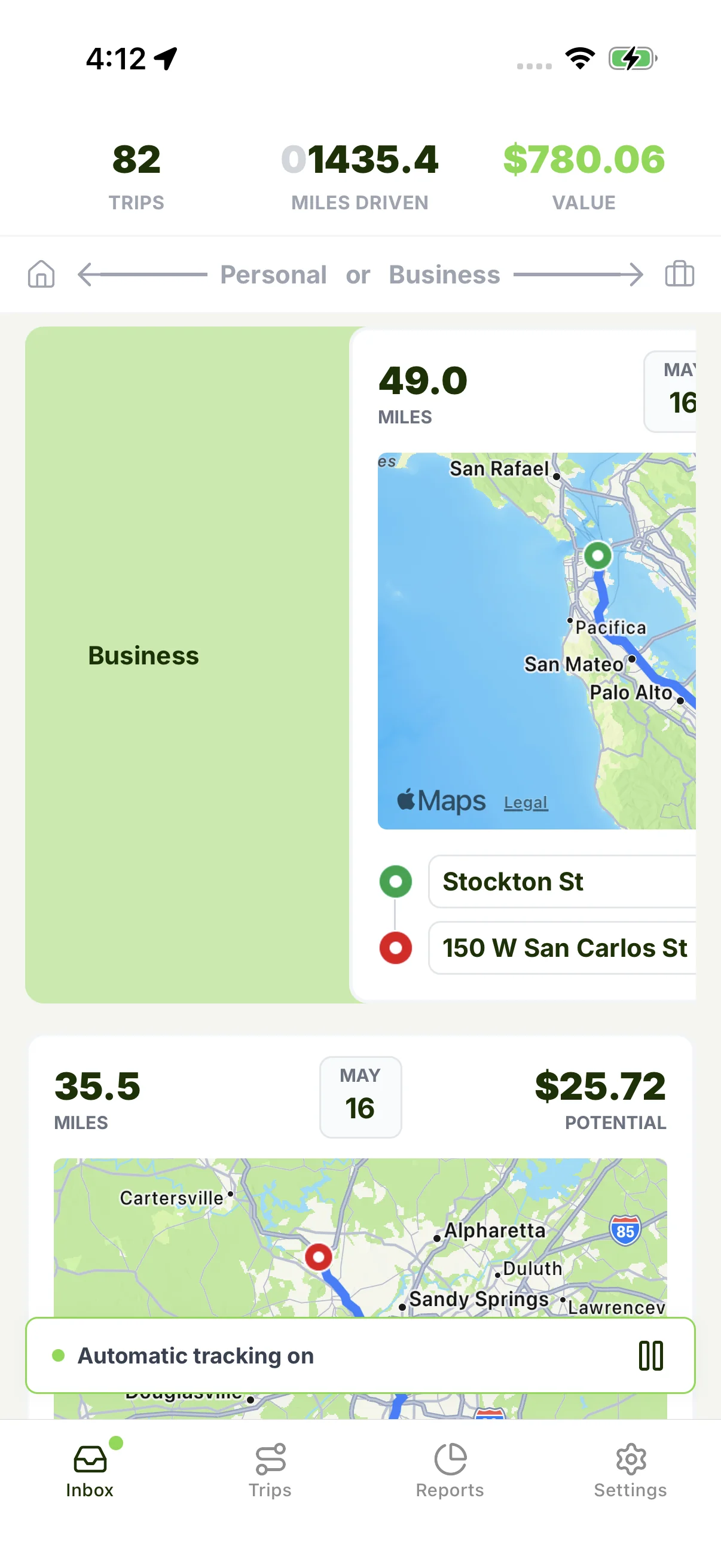 Smart Miles inbox — swipe to classify trips