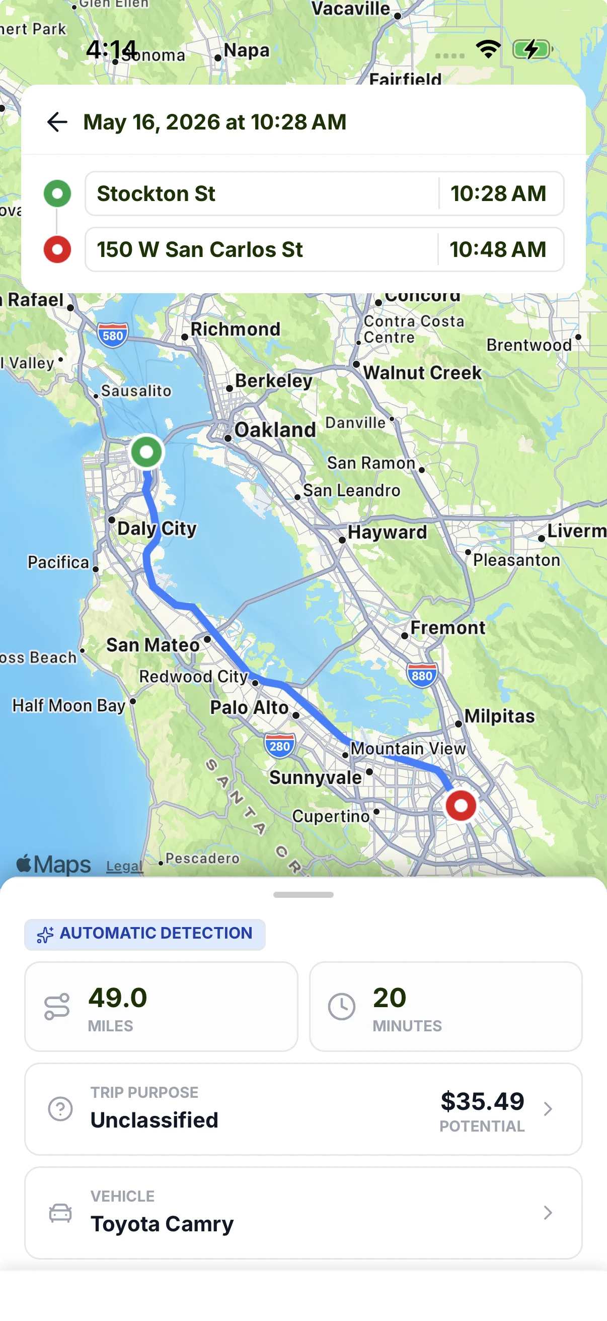 Trip detail showing map route