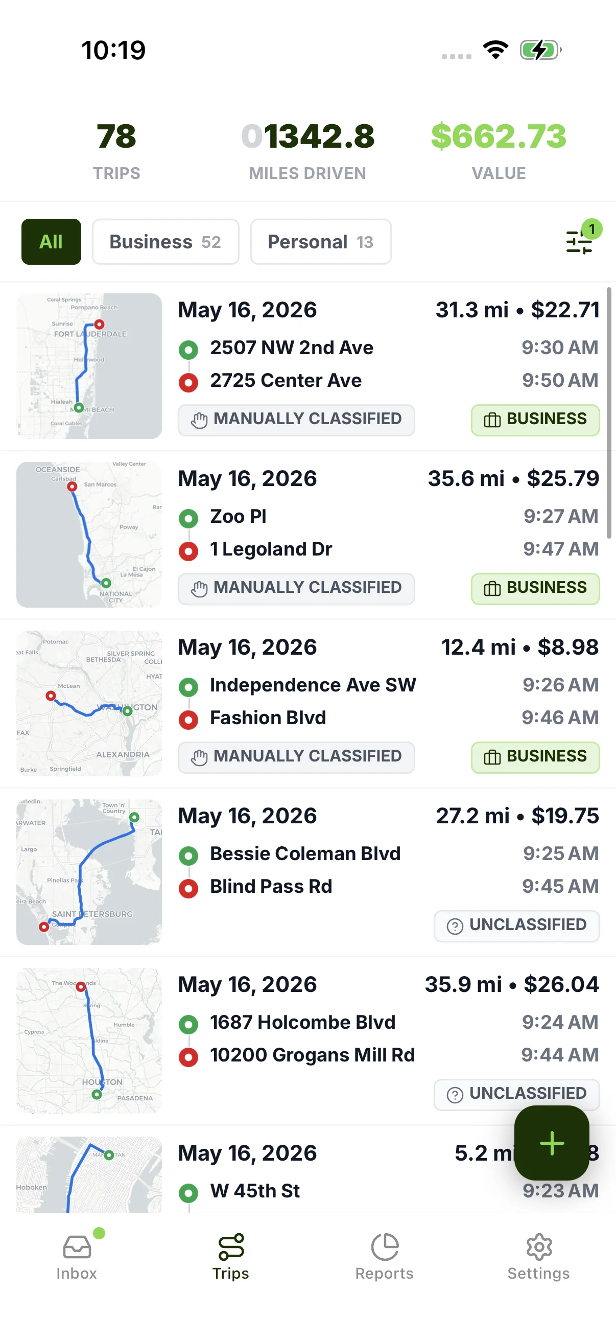 Trips list with details